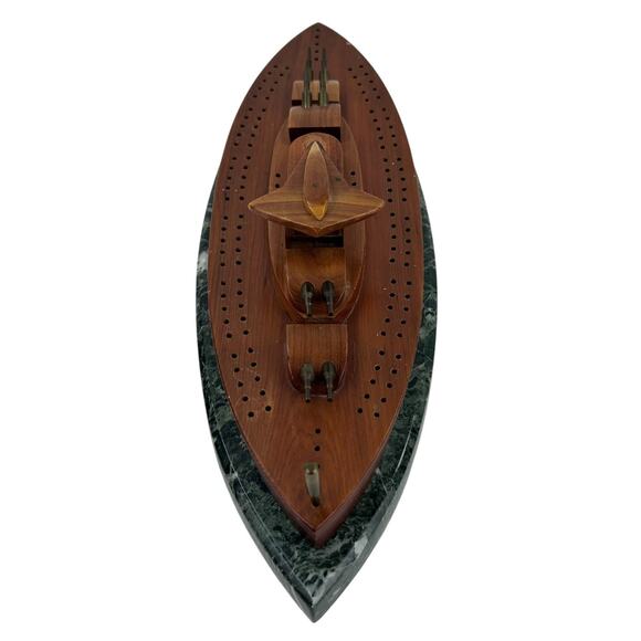 Vintage Wood Battle Ship Shaped Cribbage Board Game on Marble Base Cannon Pegs - Picture 7 of 11